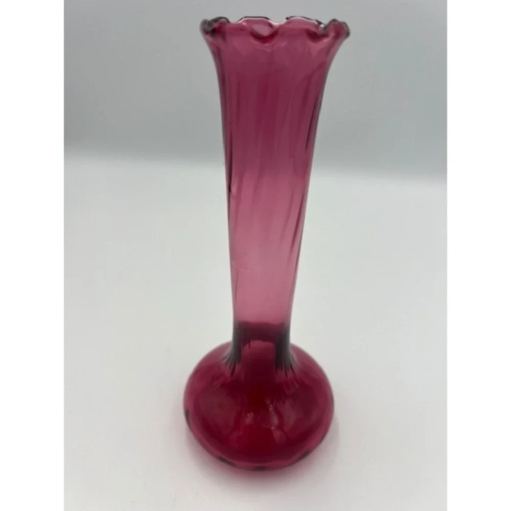 Vintage Pilgrim Cranberry Swirl Bedford Ruffle Bud Vase Hand Blown Magenta 7 In